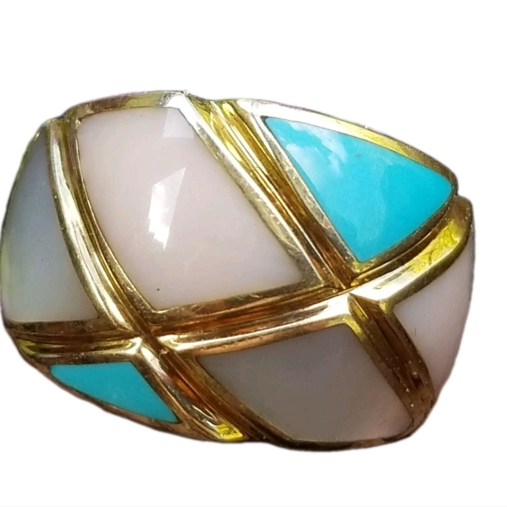 Asch Grossbardt 14k Yellow Gold Band Ring Turquoise Coral MOP- Estate